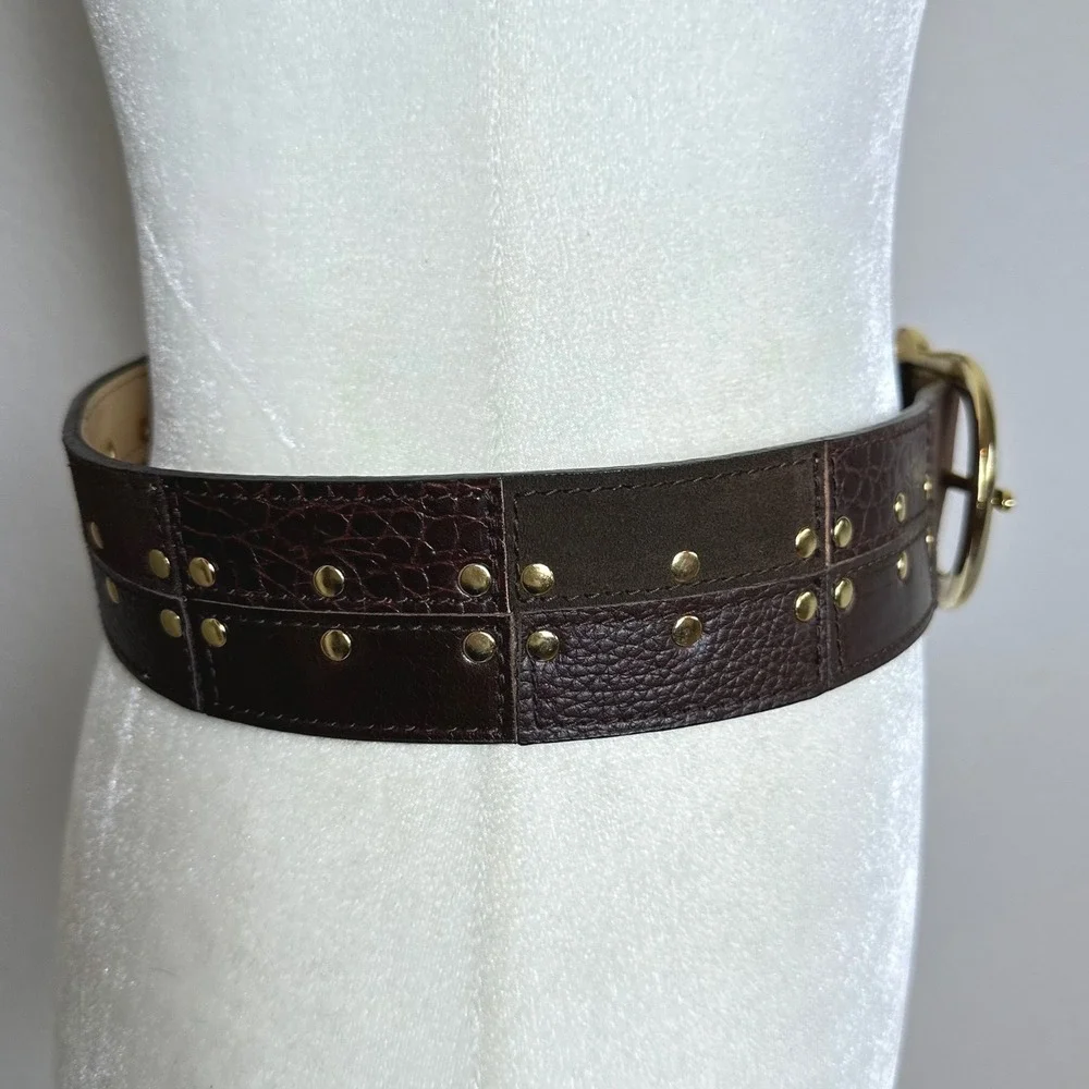 Michael‎ Kors Brown Leather Suede Patchwork Studded Waist Belt Gold Buckle Small